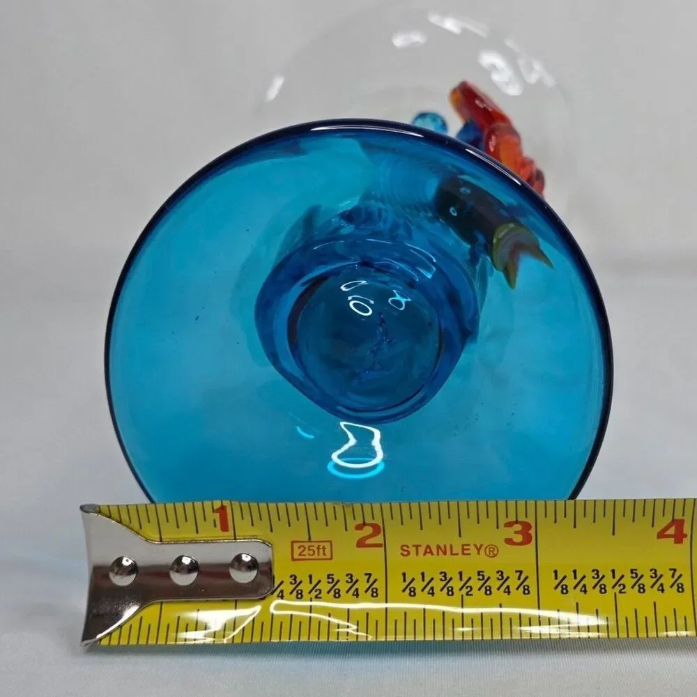 Vintage Murano Style Art Glass Vase | Blue Waves w/ Orange Flower | Hand Blown